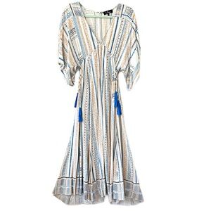 Lulus Graceful Grace Blue Yellow White Striped Midi Dress Dolman V Neck Size S